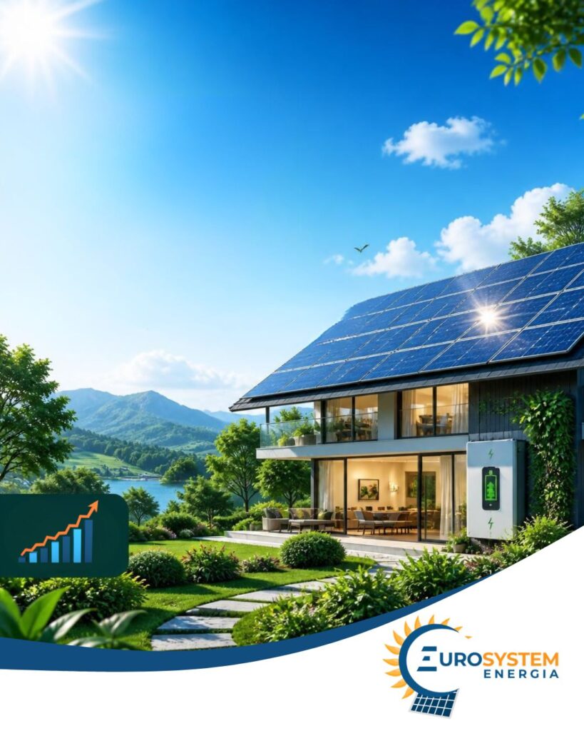 foto di casa con fotovoltaico e grafico di crescita valore immobiliare