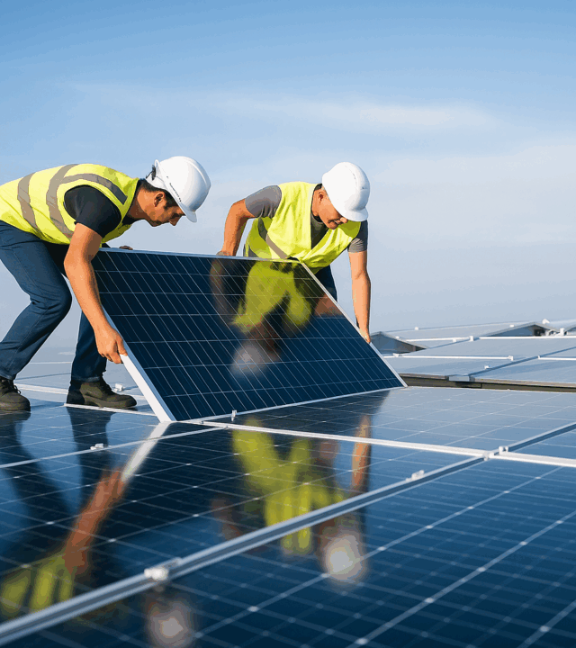 foto di due operai che montano un pannello fotovoltaico